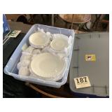 Tote full of made in USA swirl Ironstone dish set