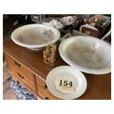 Two old washbasins and odd glassware lot