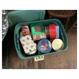 Tote with lid, full of holiday Christmas tins lot