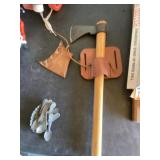 Hand ax with belt holder and leather blade cover