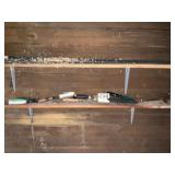 Garage shelf lot with garden tools, and a hammer