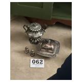 Silver plate, salt, pepper, and sugar