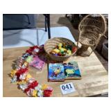 SpongeBob, toy lot books, wicker, toy items, and