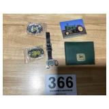 John Deere advertising items pins, watch fob,