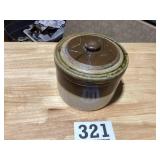 Old nice brown and tan stoneware crock with lid
