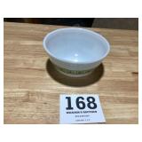 Village white Pyrex mixing bowl with green flour