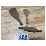 Old wooden kitchen utensils, small, rolling pin,