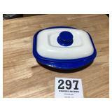 Fancy blue microwave dish with lid. Looks like