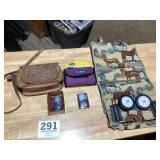 Vintage leather handbag, two pocket heaters,