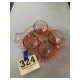 Pink depression, serving tray and 4 cups