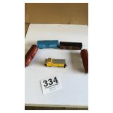 HO gauge Box, cars, and caboose