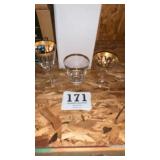 Mid-century modern gold rimmed cordials, goblets