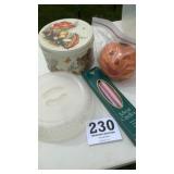 Pumpkin candles, mushroom tin, and microwave