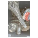 Two totes of glassware, tall vase, lampshade