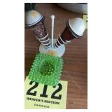 Salt and pepper shakers and green dish