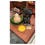 Coffee pot, pitcher, strainer, plastic bowl and