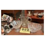 Glass pitcher and 2 candy dishes