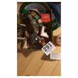Assorted Christmas decorations and flag