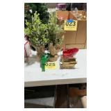 2 burlap mini trees, 2 sleds and an ornament
