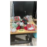 Plush snowman, glass candy dish, napkins, bows,
