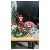 Faux tree in metal sleigh, wreaths, ceramic dish,