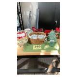 Tree skirt, mugs, basket, ceramic tree ect