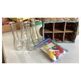 4 vases, Wooden silverware basket and childrenï¿½s