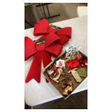 2 New velvet bows and box of ornaments