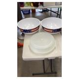 Pie keeper and 2 lg patriotic bowls
