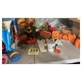 Wooden pumpkins, fall flowers