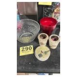 Glass bowl, wine coasters, candle holders