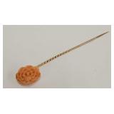 14k gold and carved coral stick pin