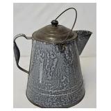 Antique Grey Mottled Agate Graniteware Coffee Pot