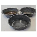 (3) Antique Grey Mottled Agate Graniteware Basins