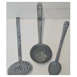 (3) Grey Mottled Agate Graniteware Utensils