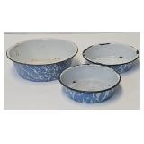 (3) Antique Blue Swirl Agate Graniteware Basins
