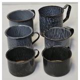 (6) Antique Grey Mottled Agate Graniteware Cups