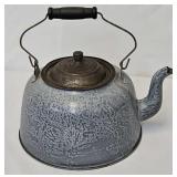 Antique Grey Mottled Agate Graniteware Tea Kettle