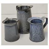 Antique Grey Mottled Agate Graniteware Pitchers