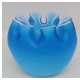 Fenton Blue Satin Glass Rose Bowl