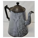 Antique Grey Mottled Agate Graniteware Teapot