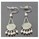 Sterling Silver Lotus Jade & Pearl Earrings