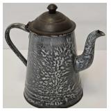 Antique Grey Mottled Agate Graniteware Tea Kettle