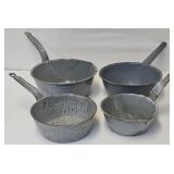 (4) Grey Mottled Agate Graniteware Sauce Pans