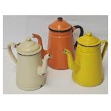 (3) Mid-Century Agate Graniteware 7" Tea Kettles