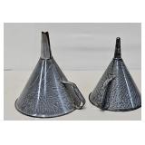 (2) Antique Grey Mottled Agate Graniteware Funnels