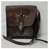 Old Hand Tooled Leather Bag with Decorative Patter