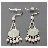 Sterling Silver Lotus Jade & Pearl Earrings