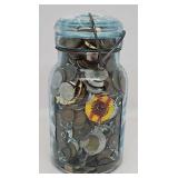 Quart Jar Filled w/US Coins, Foreign Coins &Tokens
