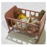 Vintage Doll Cradle & (4) Dolls